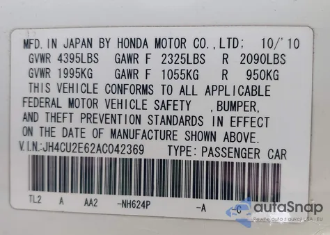 2010 Acura Tsx from USA, damaged, VIN JH4CU2E62AC042369